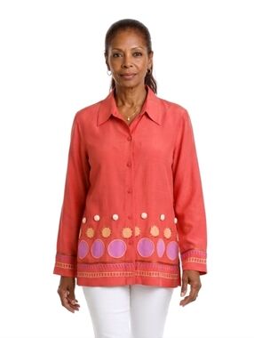 Silk Lore by Beth Terrell Silk/Linen Orange Embroidered Long Sleeve Blazer L